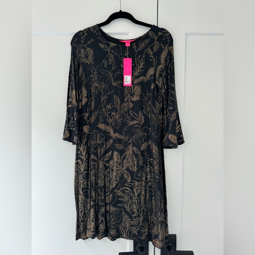 NWT Lilly Pulitzer Ophelia Dress Black Gold Metallic Swing Size Small S